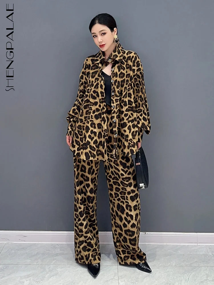 Babs SHENGPALAE 2 Pieces Sets Fashion Leopard Print Lapel Single Breasted Shirt Casual Straight Trousers Spring New Tide 5R5164