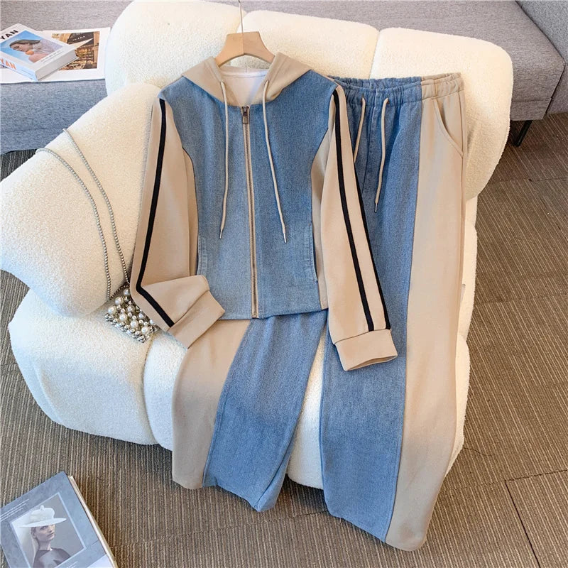 Women Denim 2 Pieces Set Long Sleeve Pullover Jacket High Waist Wide Leg Jeans Suit 2024 Spring Casual Loose Lady Outfit Sets