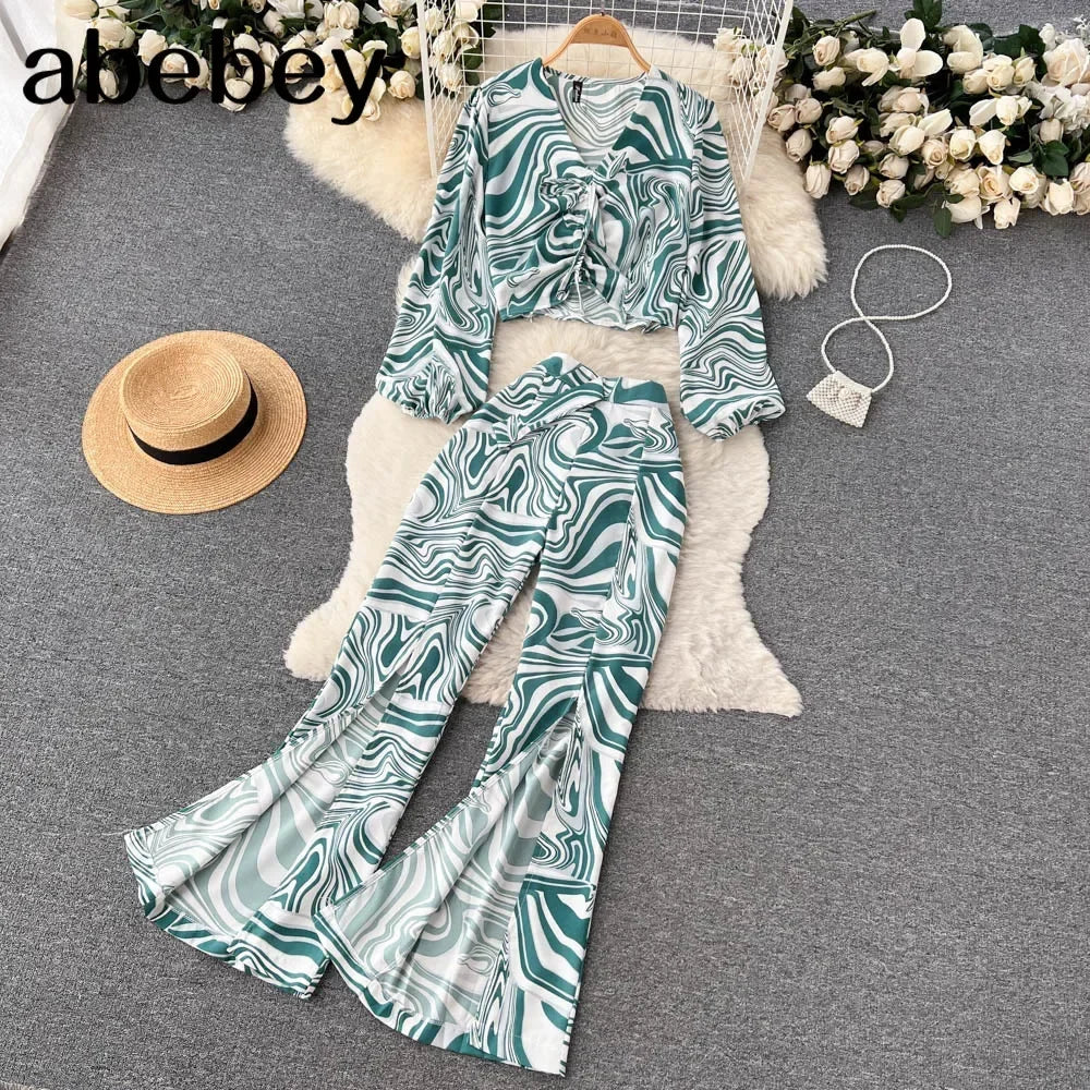 Maxy Summer Women Floral Printed Two Piece Set Sexy V Neck Lantern Sleeve Short Tops + Wide Leg Pants Suit Vacation Beach New