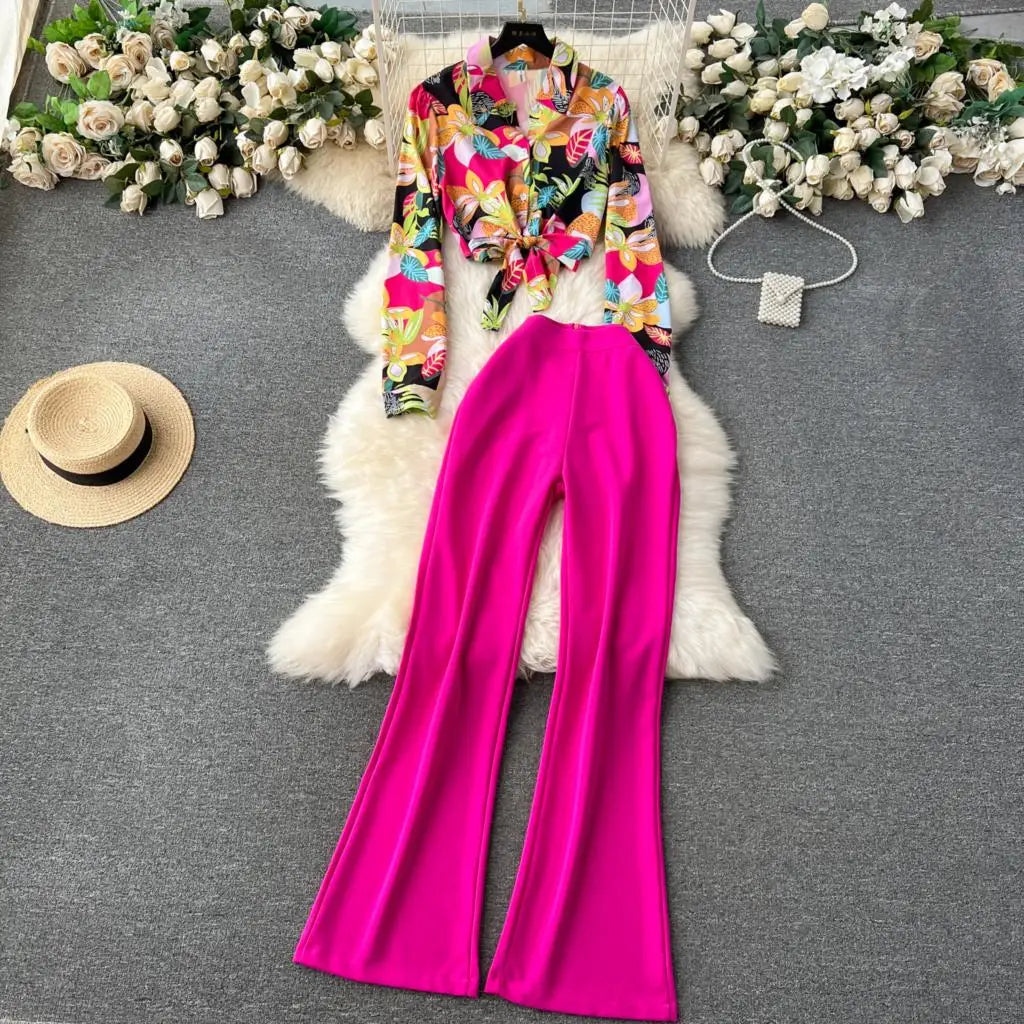 Amay Elegant Women Casual Print Pantsuits Vintage Shirts Tops High Waist Wide Leg Pants Two Pieces Set Female Party Outfits Clothes