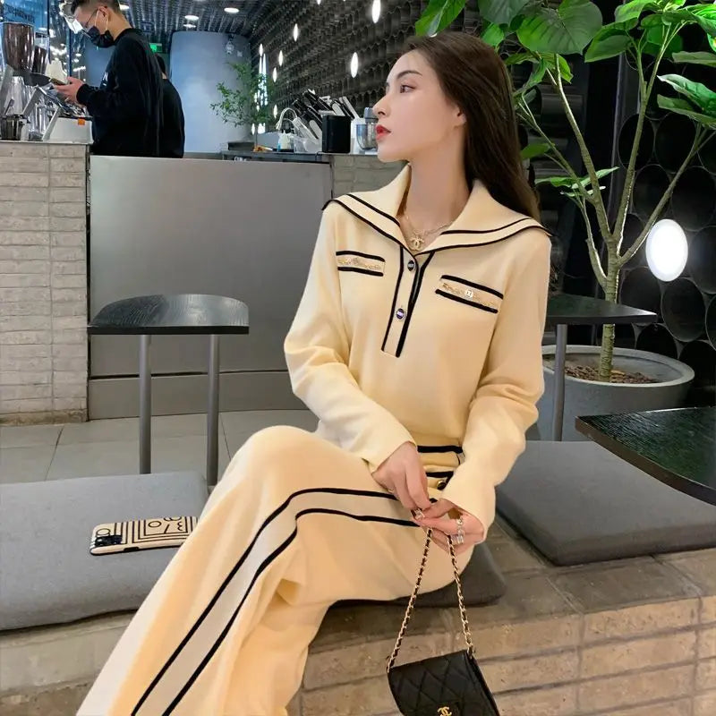 Amay Fashion Suit Women's Autumn and Winter New Style Western-style Age Reducing Navy Collar Top Long Pants Two-piece Set