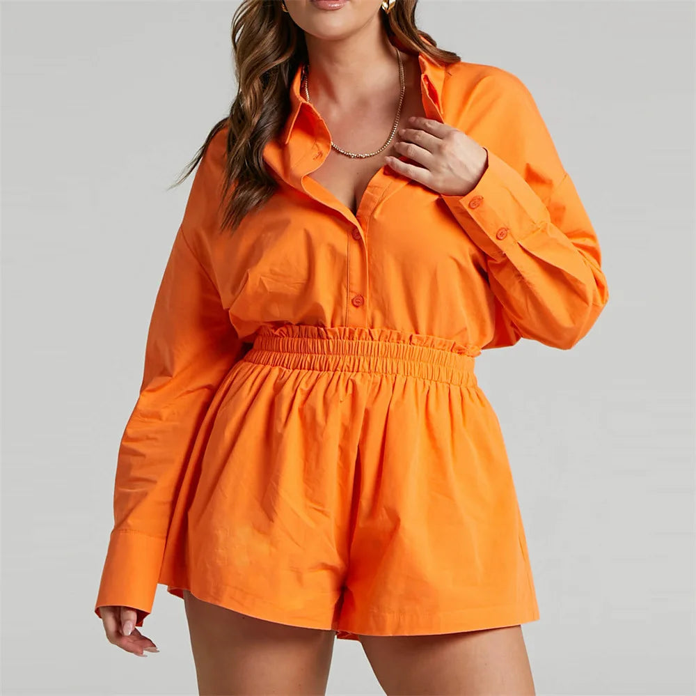 Maxy Women Tracksuits Shirt with Mini Shorts Cotton Two Pieces Sets Fashion Clothing Outfits Women Blouses Fashion Tracksuits