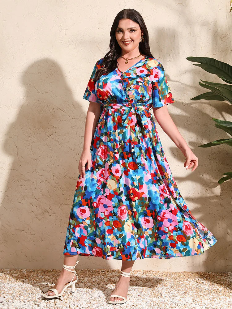 Maxy Plus Size Boho Print Vacation Maxy Dress Women Summer V Neck Short Sleeve Beach Split A-Line Dresses With Belt