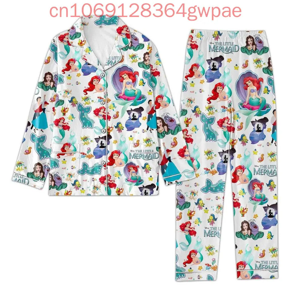 Babs Little Mermaid Ariel Princess Pajama Set Disney 3d Printed Casual Men's and Women's Long Sleeve Shirt Pajama Set