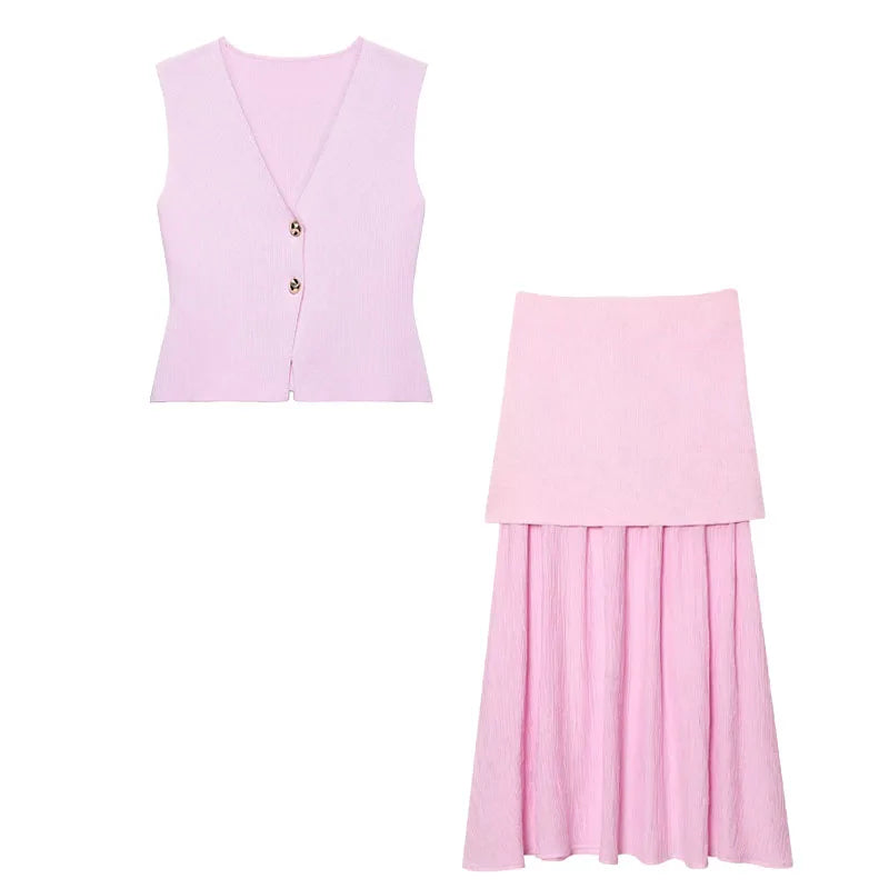 TRAFZA Women 2 Piece Set V-Neck Sleeveless Button Knitted Vest Top+Elegant Splicing High Waist Zipper Long Skirts Holiday Suits