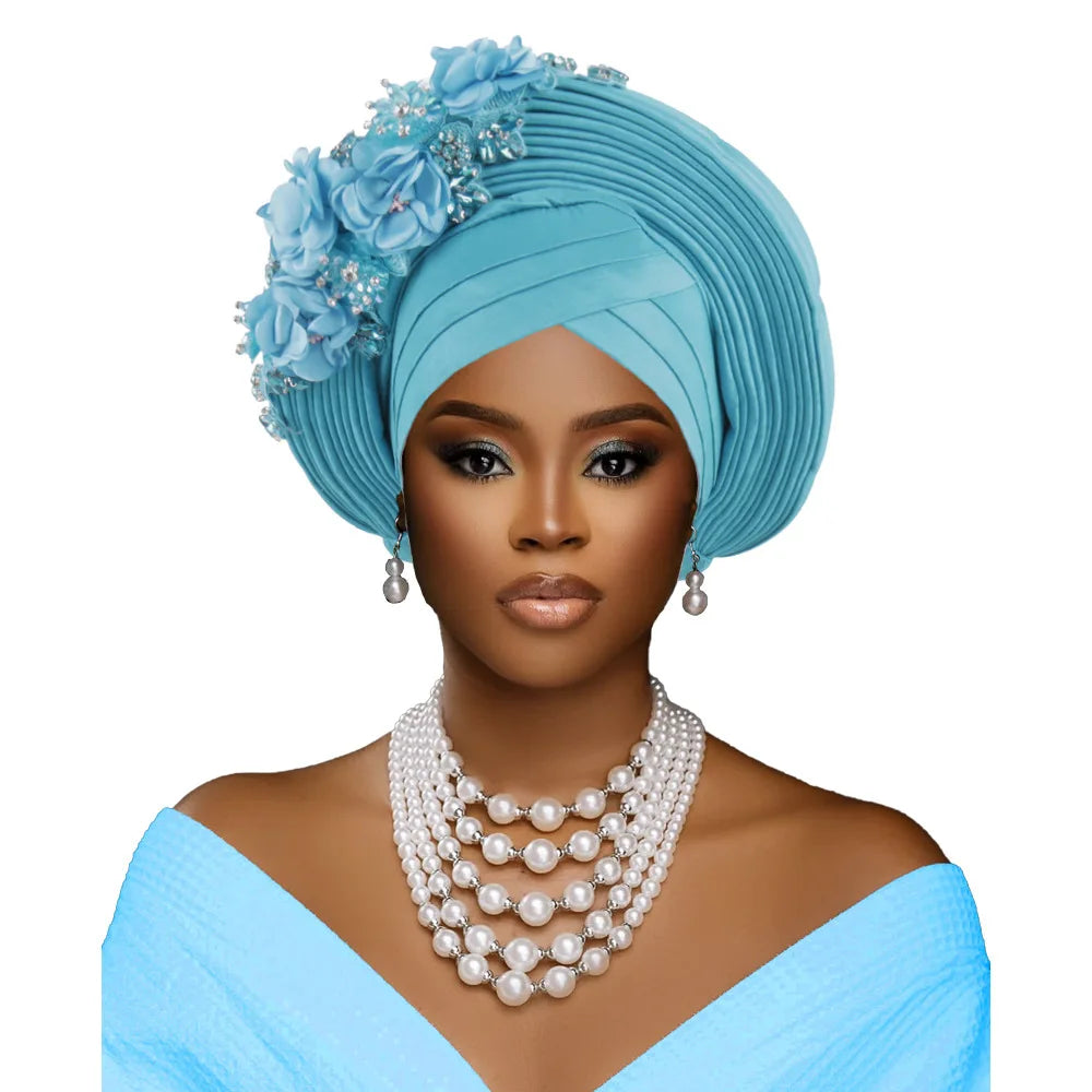 Maxy Fashion African Head tie Turban Nigeria Head Ties Flowers Already Made Auto Gele Women Head Wraps for Wedding Party Headpiece New
