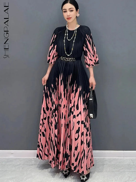 Maxy SHENGPALAE Hundred Pleated Printed Long Dress With Round Neck Summer New Half Sleeves Elegant Ladies Flare Dresses 5R9757