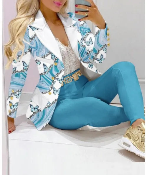 Maxy Fashion Butterfly Print Blazer Suit and Pants Two Piece Set for Women Autumn Winter Outfit Office Lady Casual Clothing