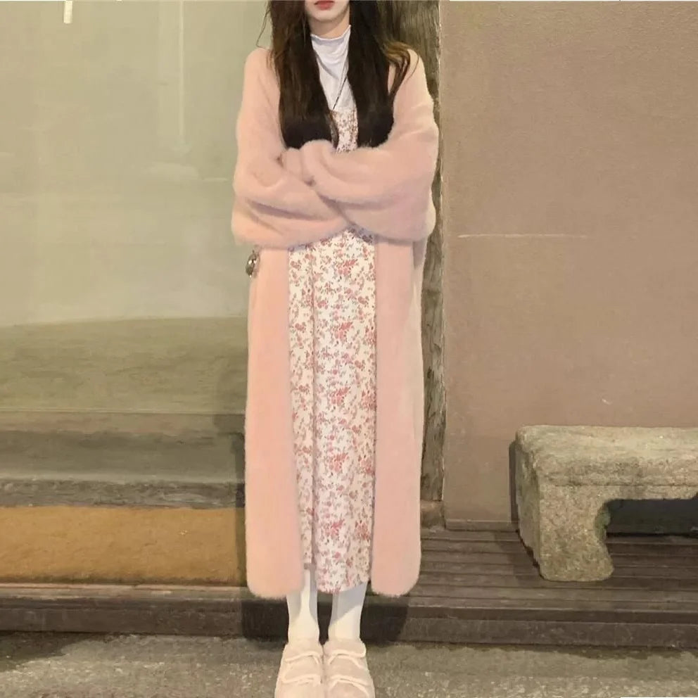 white Long Cardigan for women 2025 new winter clothes Knitted fluffy long sleeve Cashmere sweater coat korean style warm vintage