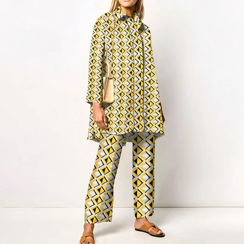 Maxy Autumn New Loose Vintage Printed Pant Sets Women Long Sleeve Shirts And Wide Legs Trousers Two Piece Set Fashion Streetwear
