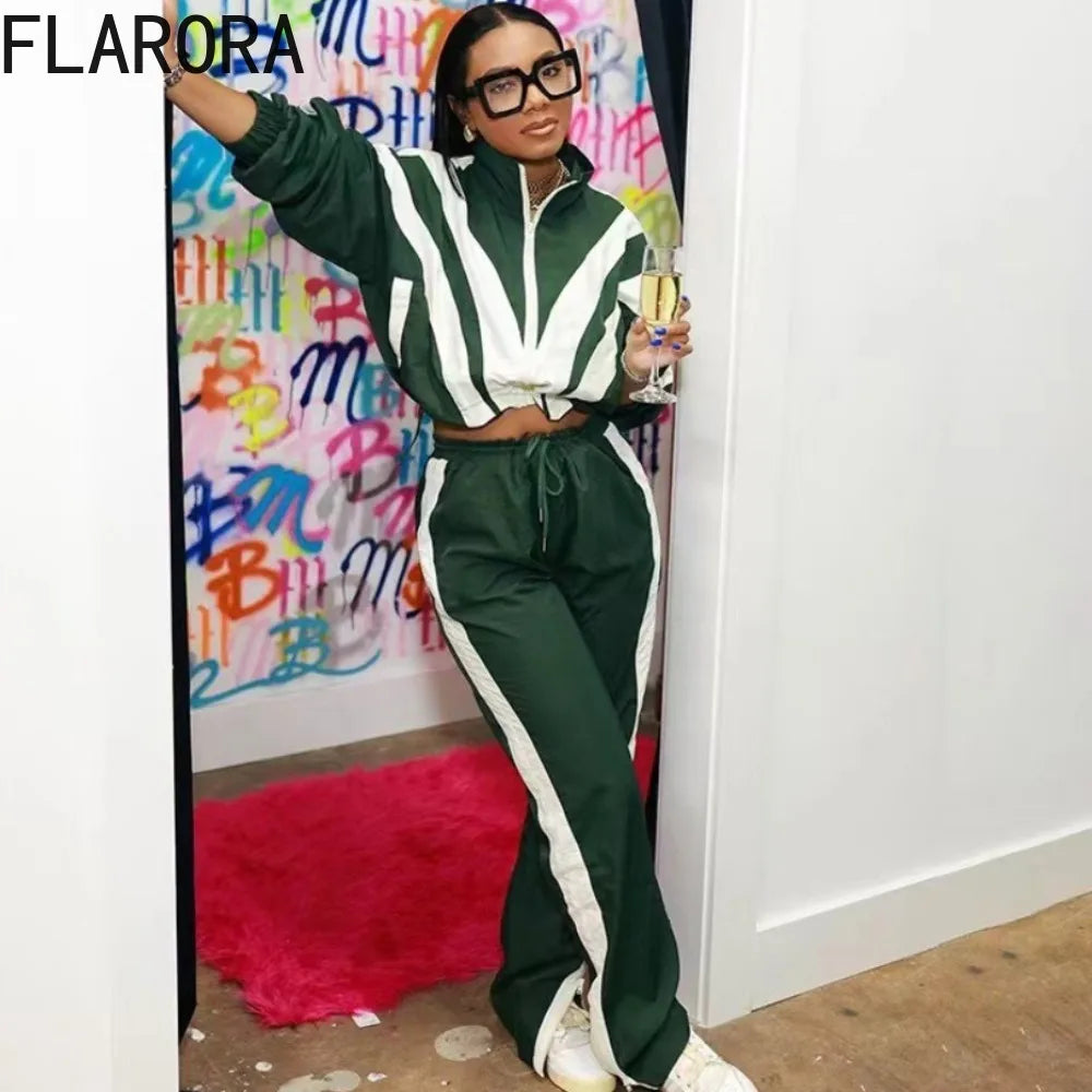 Maxy Autumn Contrast-color Women Tracksuits Casual Zipper Fly Coat And Side Stripe Jogging Pants Women's Two Pieces Set