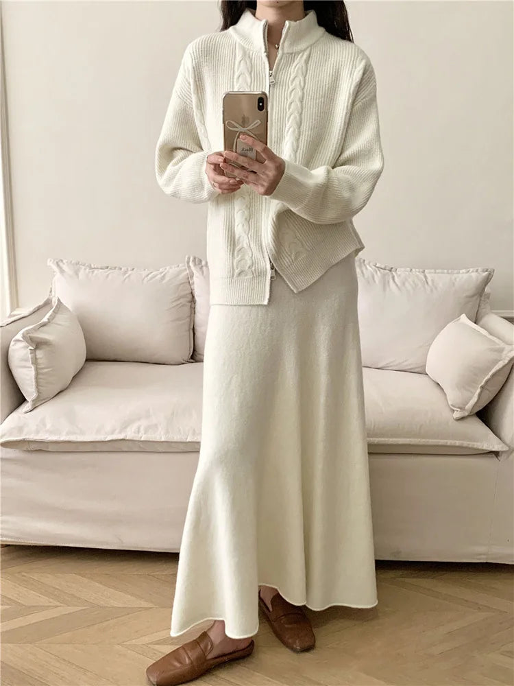 Maxy Sets For Women 2 Pieces Skirt Sweater Knitted Zipper Cardigan Stand Collar Solid Autumn Warm Winter Skirt Elegant Women's Sets