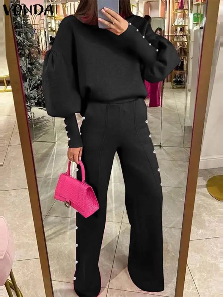 Maxy Plus Size Pant Sets Autumn Women O-neck Long Lantern Sleeve Tops Loose Trousers Causal Solid Suits American Style