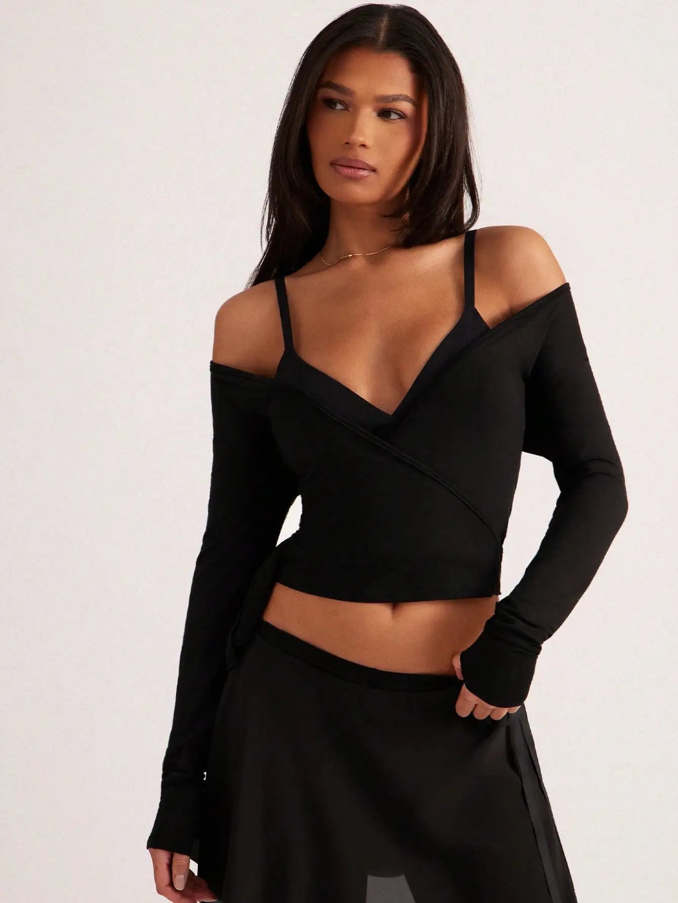 Maxy Women's Long Sleeve Wrap Crop Top With Tie-Up Detail Casual Sporty