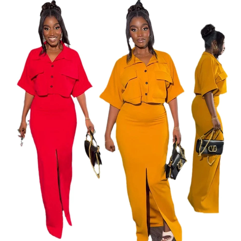 Maxy Latest Design Skirt Set Polo Collar Short Shirt Top and Long Split Skirt Set 2 Two Piece Summer Outfits for Women Elegant