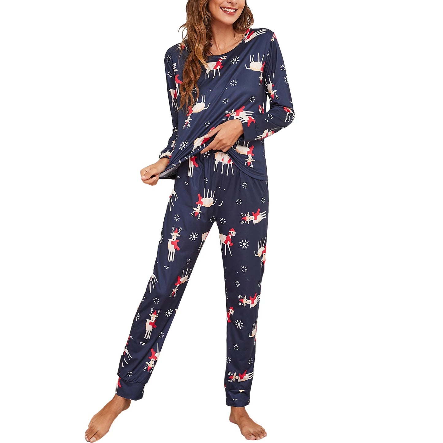 Women Christmas Pajama Set Elk Print Long Sleeve T-shirt with Pants Sleepwear Loungewear