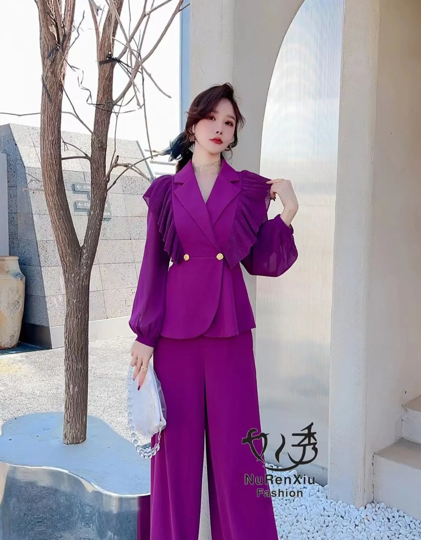 Temperament Suit Women Outfits 2023 Spring New Chiffon Ruffled Stitching Suit Coat High Waist Loose Wide Leg Pants Two-Piece Set