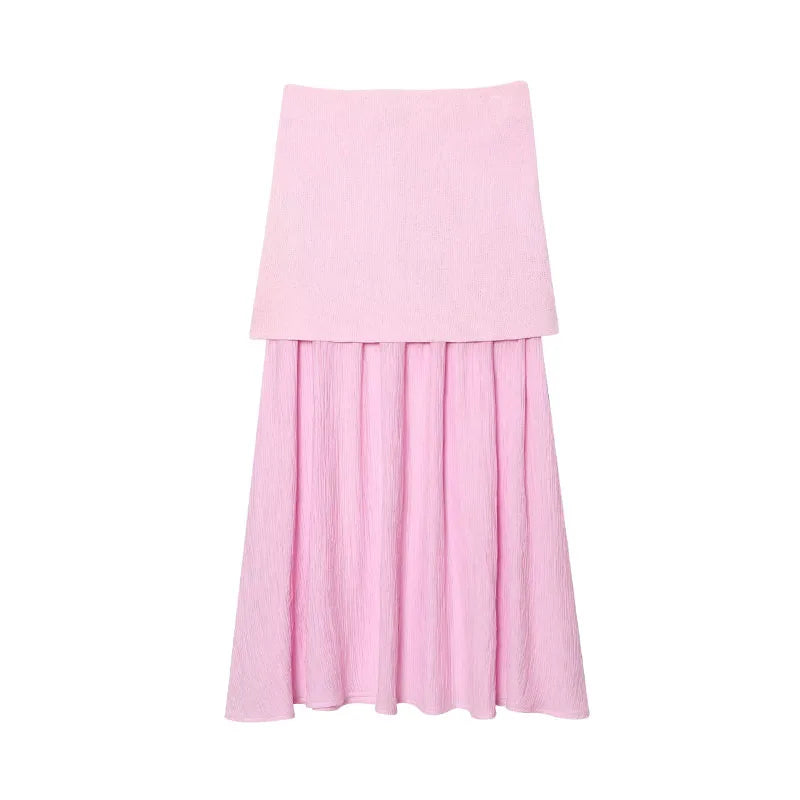 TRAFZA Women 2 Piece Set V-Neck Sleeveless Button Knitted Vest Top+Elegant Splicing High Waist Zipper Long Skirts Holiday Suits