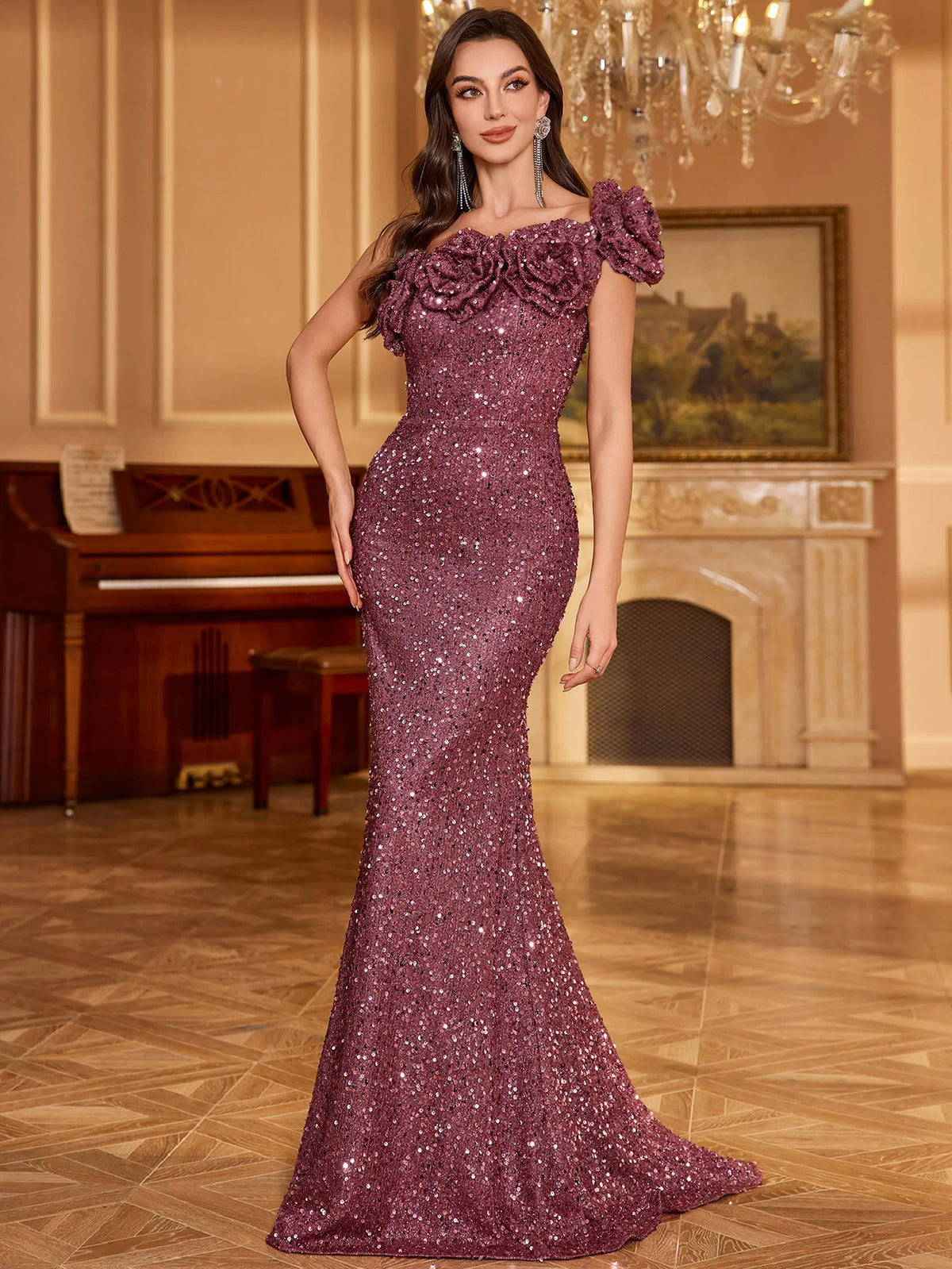 Maxy UNITHORSE Women's Design Sense Asymmetrical Neck Floral Edge Decorative Glitter Sequin Slim Fit Evening Party Dress