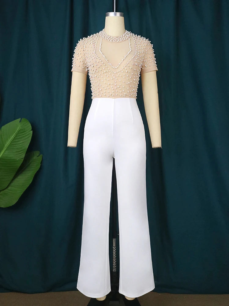 Maxy Plus Size Jumpsuits for Women See Through Beading Long Sleeve Beige Black Empire Wide Leg One Piece Outfits Luxury Rompers