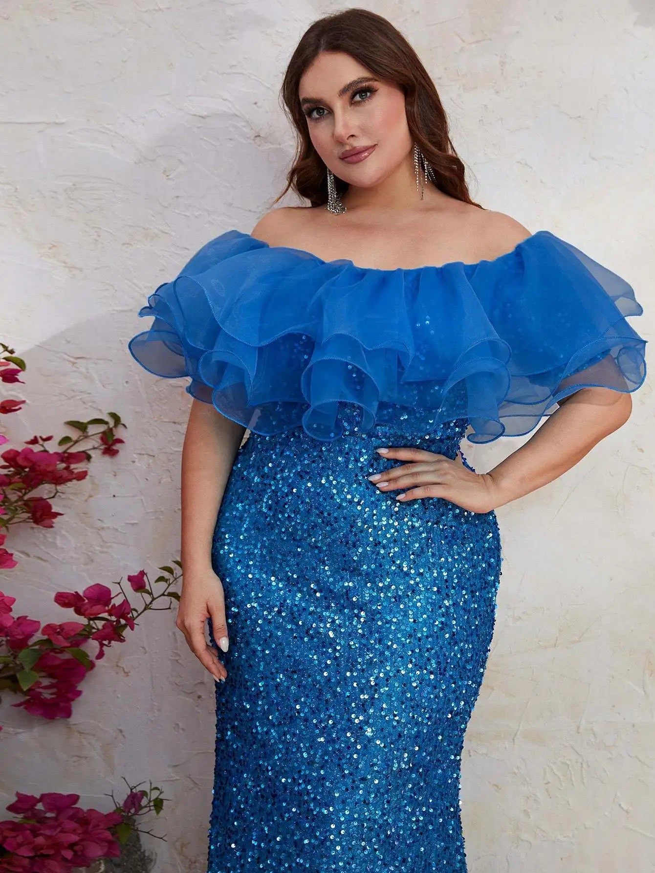 Maxy Plus Size Women Party Dresses New Fashion Strapless Mesh Splicing Elegant Sequin Wedding Dresses Large Female Evening Long Dress