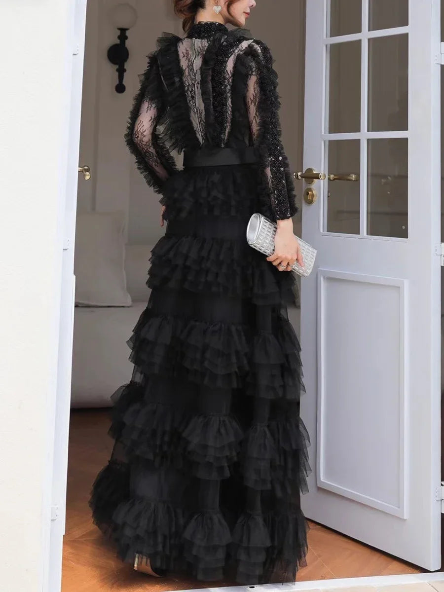 Amay Spliced Lace Hollow Mesh Dresses for Women Stand Collar Long Sleeves High Waist Slim Spliced Sashes Party Dress Female