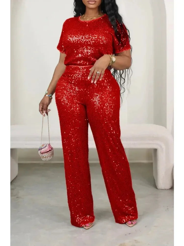 Maxy Autumn Casual Sequin Two Piece Set for Women Fashion Solid Short Sleeved Tshirt Wide Leg Pants Sequin Two Piece Set Women
