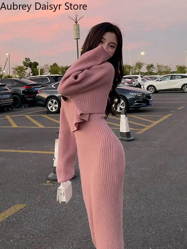Maxy Elegant Sweet Knitted Dress Women Winter Korean Vintage Chic High Collar Sweater Dress Casual Slim 2 Piece Sets Womens Outfits
