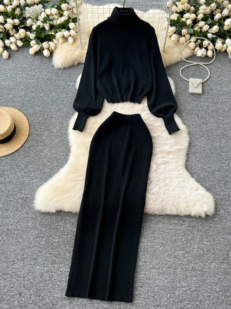 Amay Women Turtleneck Two Piece Sets Autumn Winter Long Sleeve Casual Knitted Sweater High Waisted Wrap Skirts Elgeant Tracksuits