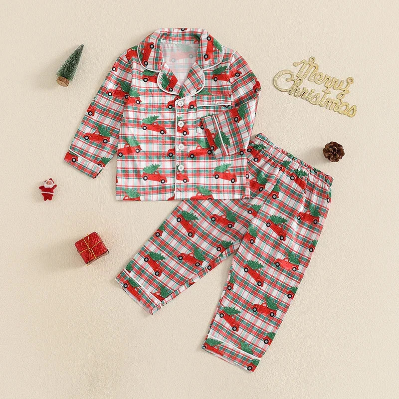 Toddler Christmas Pajamas Long Sleeve Red Truck/Tree Print Shirt and Pants Set Fall Winter Baby 2 Pieces Loungewear for 1Y to 5Y