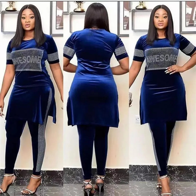 Maxy Velvet 2 Piece Pant Sets Outfits Women Short Sleeve Blouses Slim Pencil Pants Suit Ladies Beading Matching Set Tracksuit