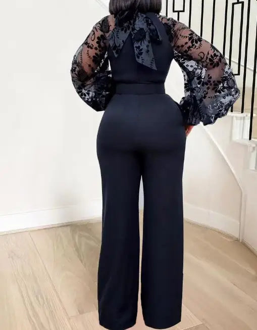 Amay Jumpsuit Women Summer Fashion Lantern Sleeves Elegant Mock Neck Long Sleeve Tie Detail Daily Wide Leg Long Jumpsuit