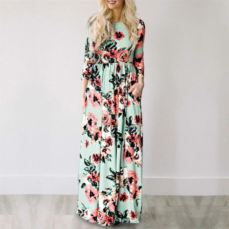 Maxy Women Summer Long Dress Floral Print Boho Beach Dress Ladies White Maxi Evening Party Dress Sundress