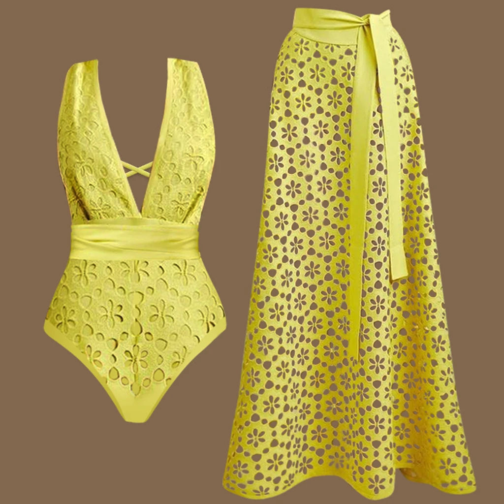 Maxy Yellow Bikini Women Solid Cover Up Two-Piece Swimsuit Deep V Neck Bathing Suit Hollow Out Monokini Long Skirt Swimwear