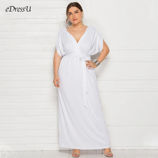 Maxy dress Long Plus Size Evening Party Dress V Neck Stretchy White Vestido Robe de Soiree Wedding Guest Dress LMT-FP3310