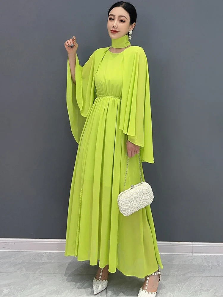 Babs Summer New Flare Sleeves Dress For Women Fashion Slimming Big Swing Chiffon Shawl Long Dresses Female Robe C1094