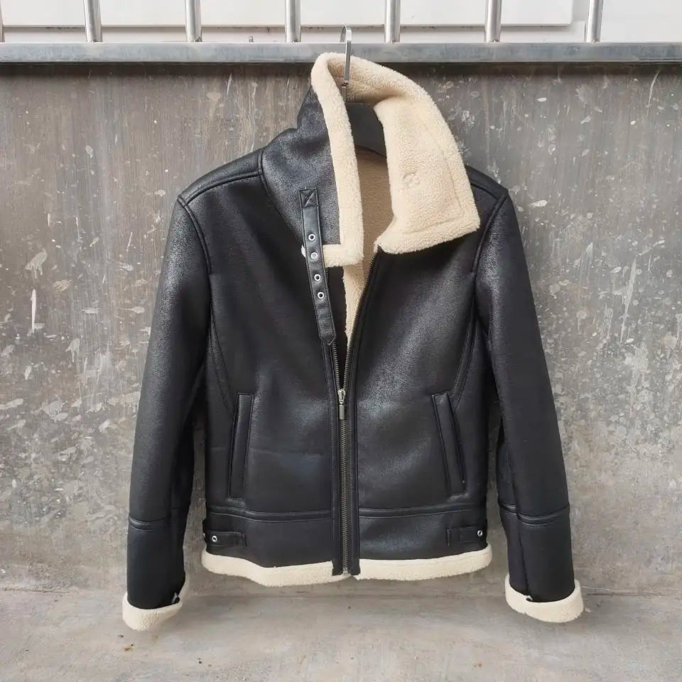 Maxy Winter Lamb Wool Clothes Men B3 Fur One Motorcycle Suit Coats With Fleece Thick Suede Lapel Leather Jacket Slim Outerwear