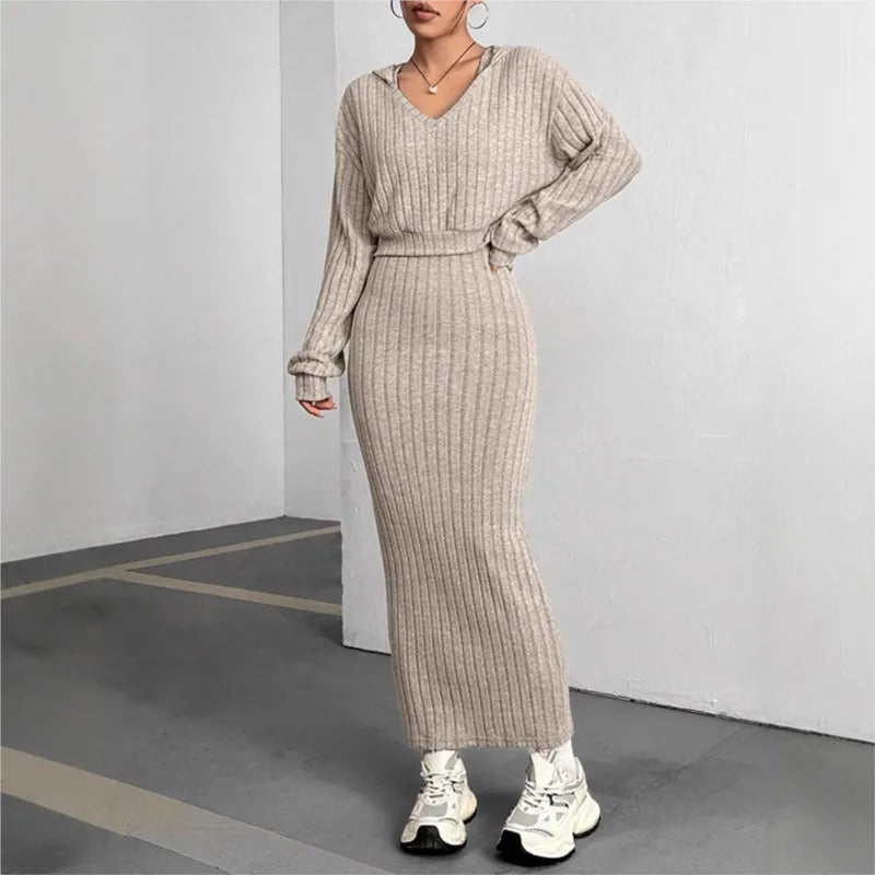 Maxy Women's New Fashion Suit Fall Winter Hooded Shawl Long-sleeve Sweatshirt Vest Short Skirt Slim Two-piece Set Suit Women Clothing