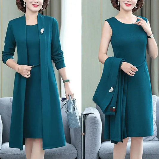 Middle-aged Mother Autumn Winter Women's Long dress Women's Clothing Vestidos Two-piece Suit Style Jacket Feast Dress