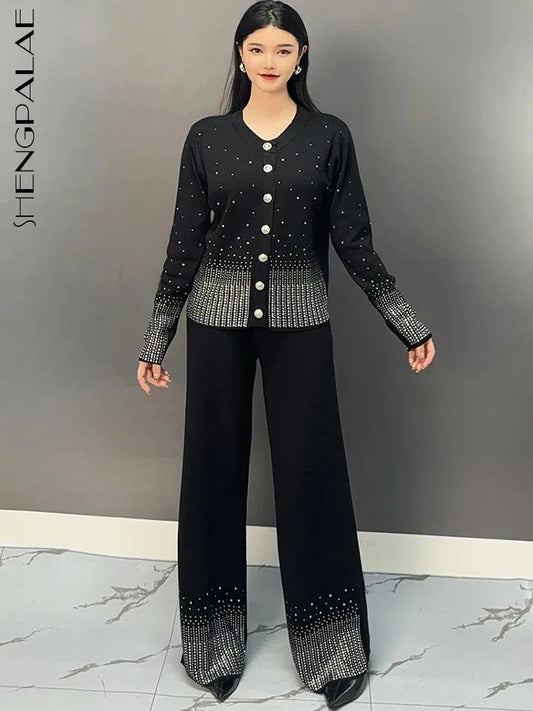 Babs Fashion Knitted Pants Sets Women Round Collar Beading Full Sleeve Tops + Wide Leg Trousers Vintage Style Set 5G270