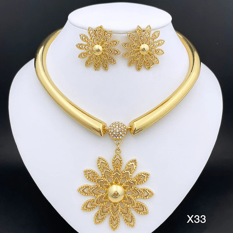 Women Necklace Earrings Set 18K Gold Plated Dubai  Fashion Jewelry Nigeria Bride Jewelry Wedding Party Gifts