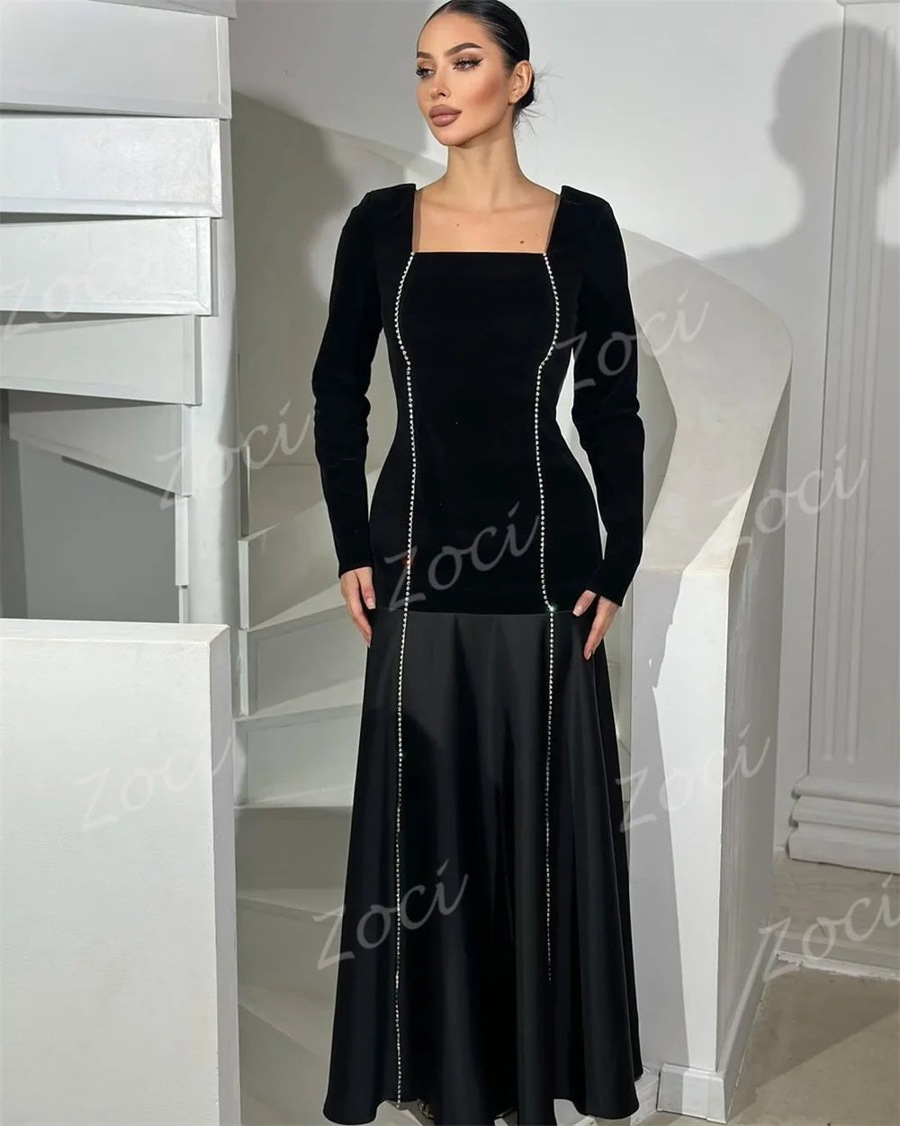 Maxy Square Neck Black Prom Dresses A Line Satin Beading Long Sleeve Evening Gown Saudi Customized Formal Party Occasion Dress