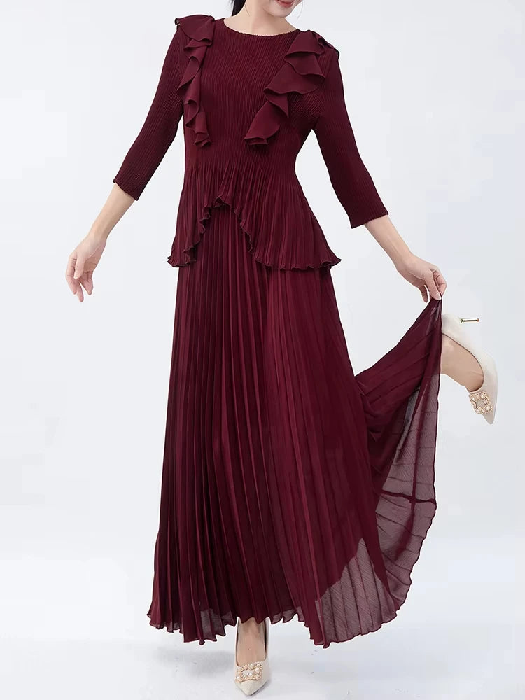 Maxy Pleated Two Pieces Sets Women Ruffles Irregular T Shirt + A Line Loose Skirt New Female Elegant Lady Clothing 6R4839