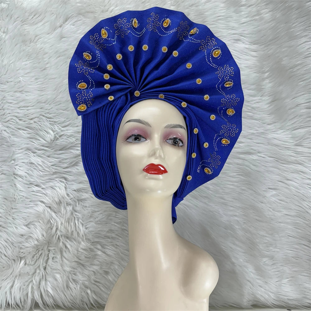 Maxy Luxury African Women’s Sego Head tie Crystal Stone Aso Oke Gele Aso Ebi Already Made Headtie Turban Cap Women Head Wear