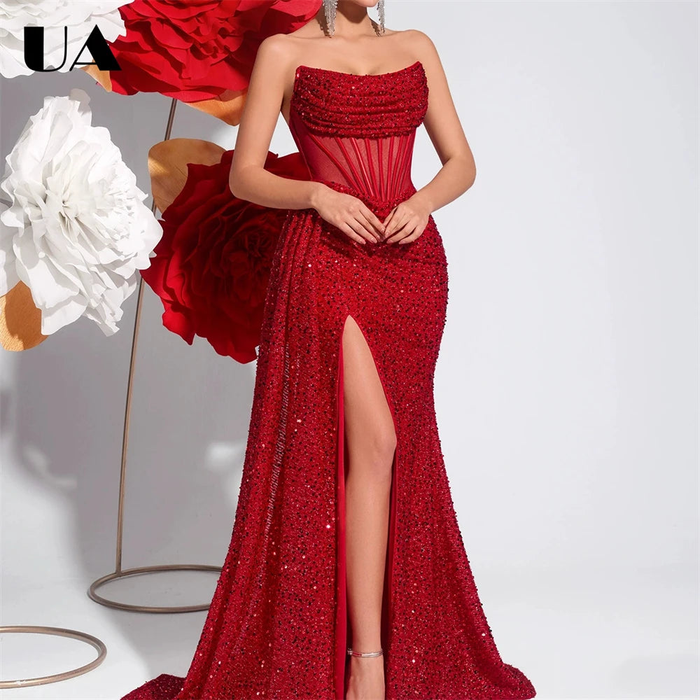 Maxy Women's Sequin Strapless Prom Dress Ruched Bodice High Slit Mermaid Gown Formal Evening Wedding Guest Ball Gown Sparkly Party