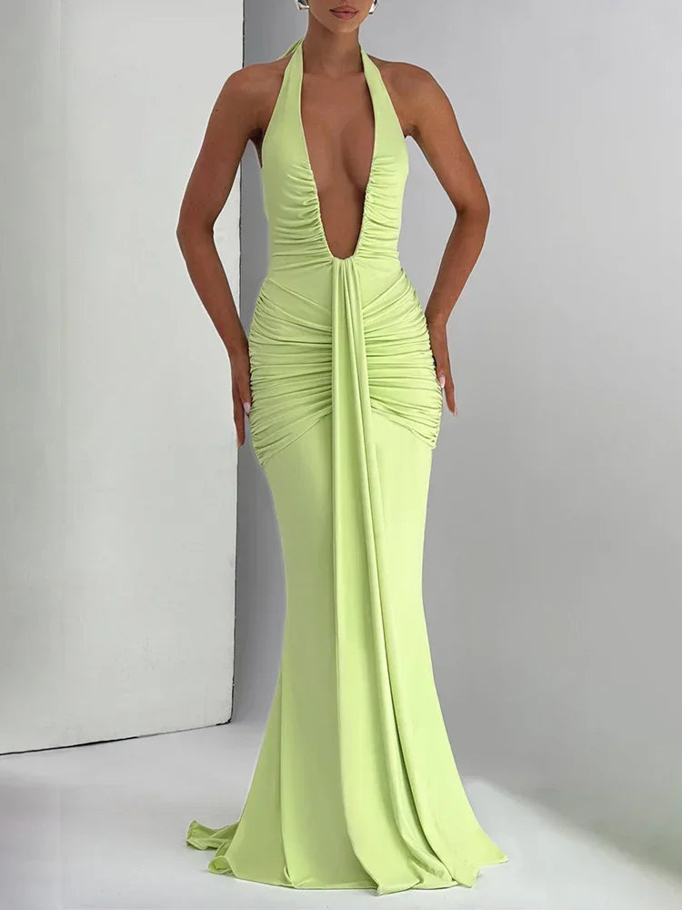 Maxy Deep V Neck Backless Sexy Maxy Dress Women Gown Summer Halter Sleeveless Draped Club Party Long Dress