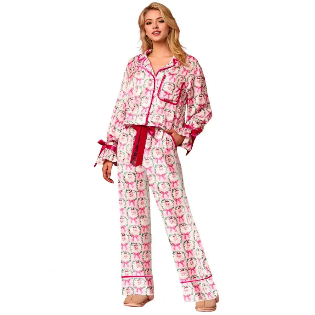 Women Pajama Set Women Lounge Set Festive Santa Print Christmas Pajamas Set with Satin Cardigan Top Wide Leg Pants for New