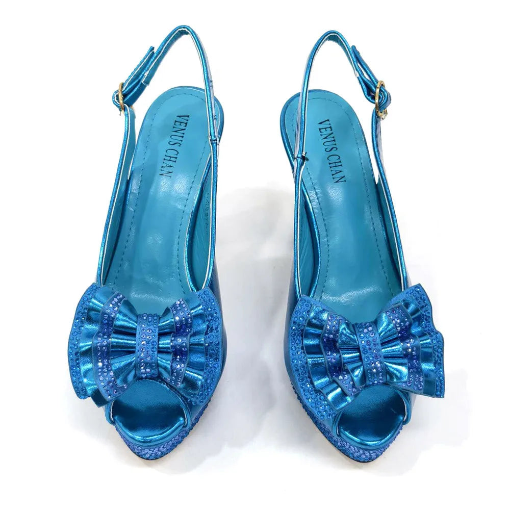 New Designer Specials Maxy Women Heels Shoes and Bag Set Sky Blue Color Comfortable With Rhinestone for Party