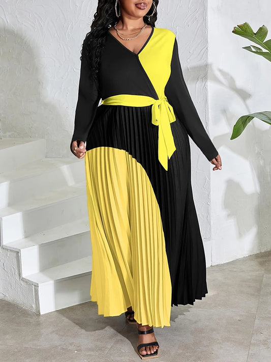 Maxy Plus Size Pleated A Line Dress for Women Spring Long Sleeve Midi Dresses Female Elegant Contrast Patchwork Dress Lady