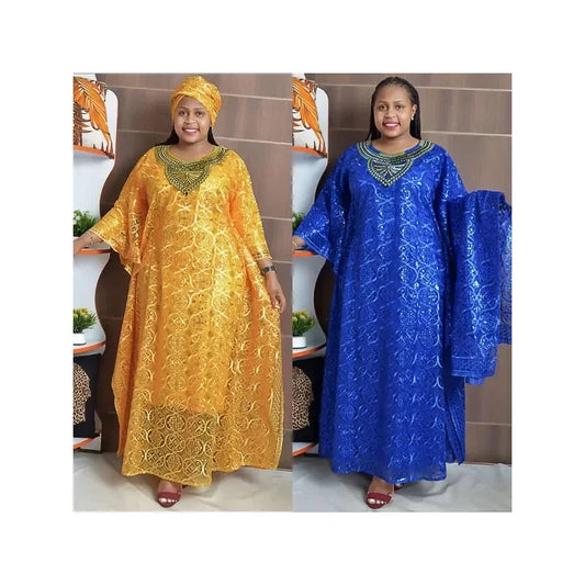 Dashiki Maxy Dresses for Women Spring Summer African Women Blue Yellow O-neck Long Dress Inner and Headtie African Clothes